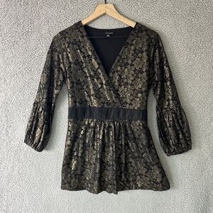 Whimsigoth Dark Floral Top Medium Black Gold Tie Waist Babydoll Fairy Grunge Y2K